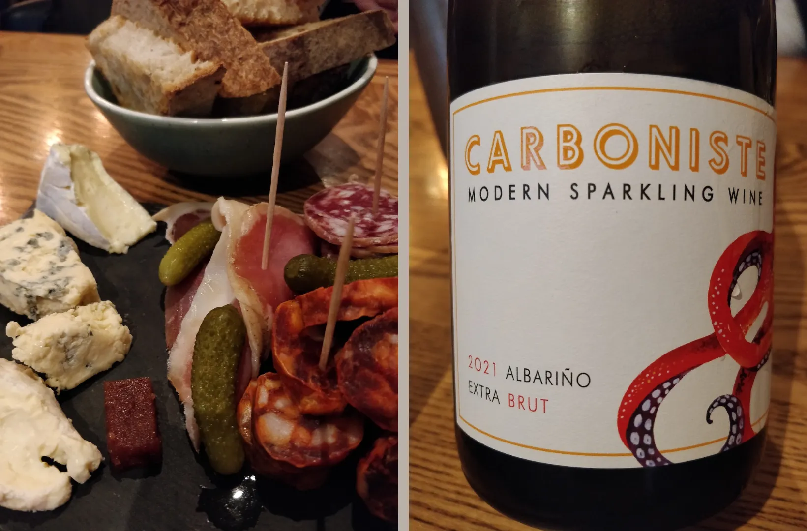 Cheese and charcuterie board with bread next to a photo of a label on a wine bottle: Carboniste - Modern Sparkling Wine