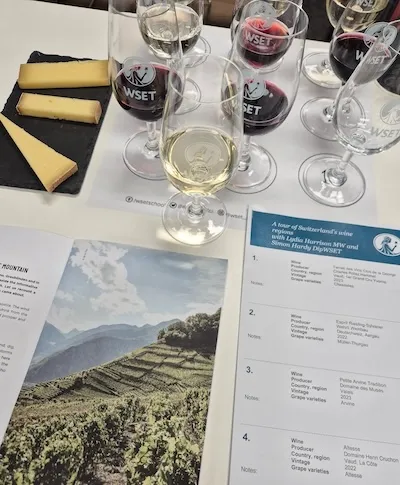 Tasting glasses and a selection of cheeses ready for the event at the WSET School London.