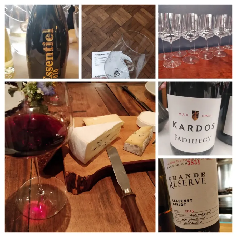 Collage of wine bottles, glasses and cheeses.