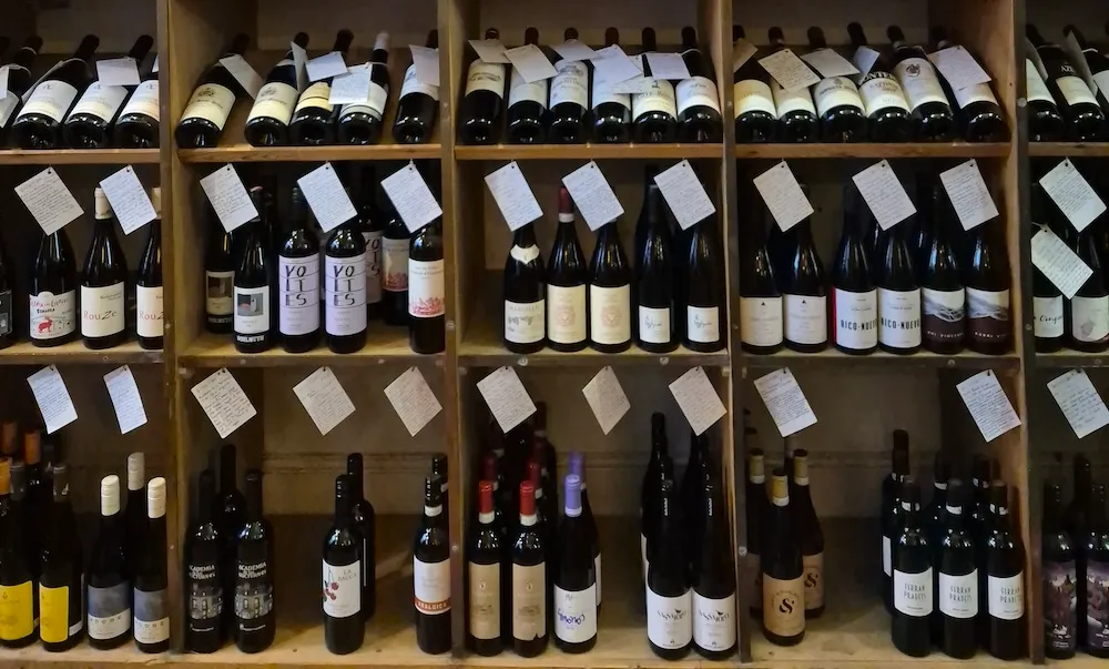 Rows of bottles in the wine racks of the Theatre of Wine shop in Greenwich.