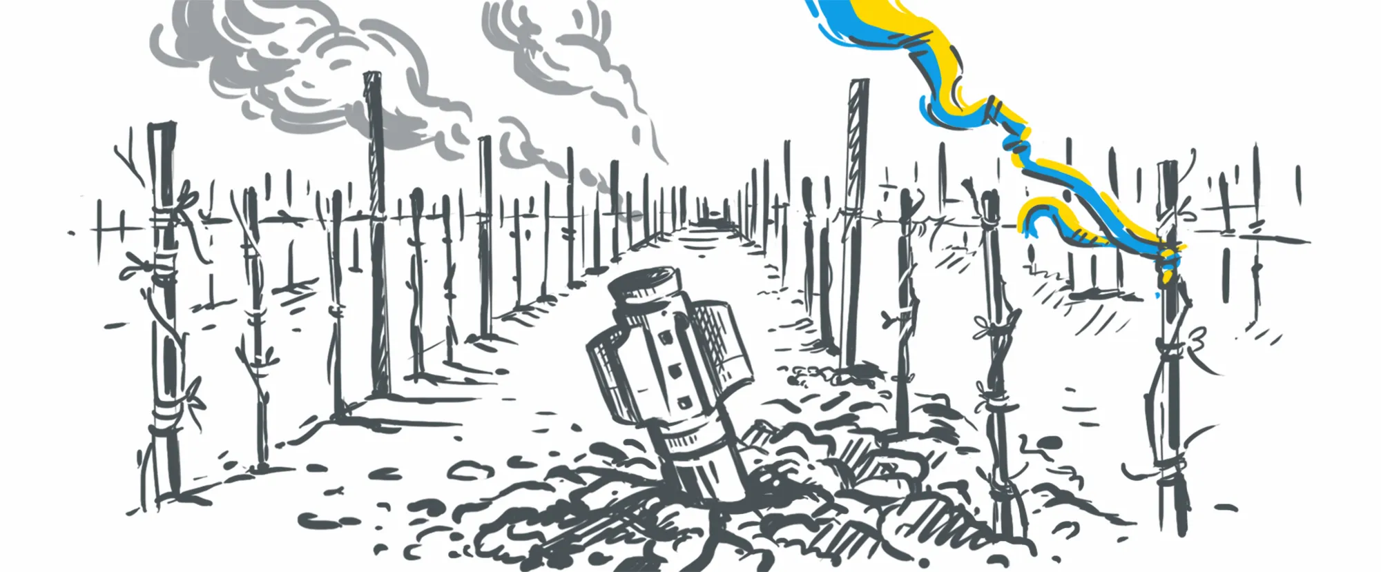 Illustration by Wines of Ukraine showing a rocket landing in a vineyard.